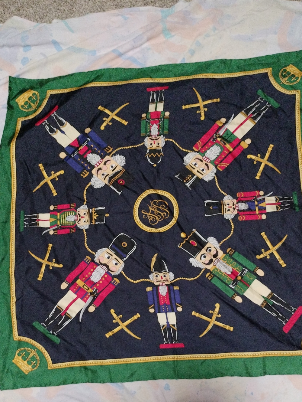 Cecy Jones 100% Silk Twill Nutcracker Holiday Scarf Hand Rolled Green Navy